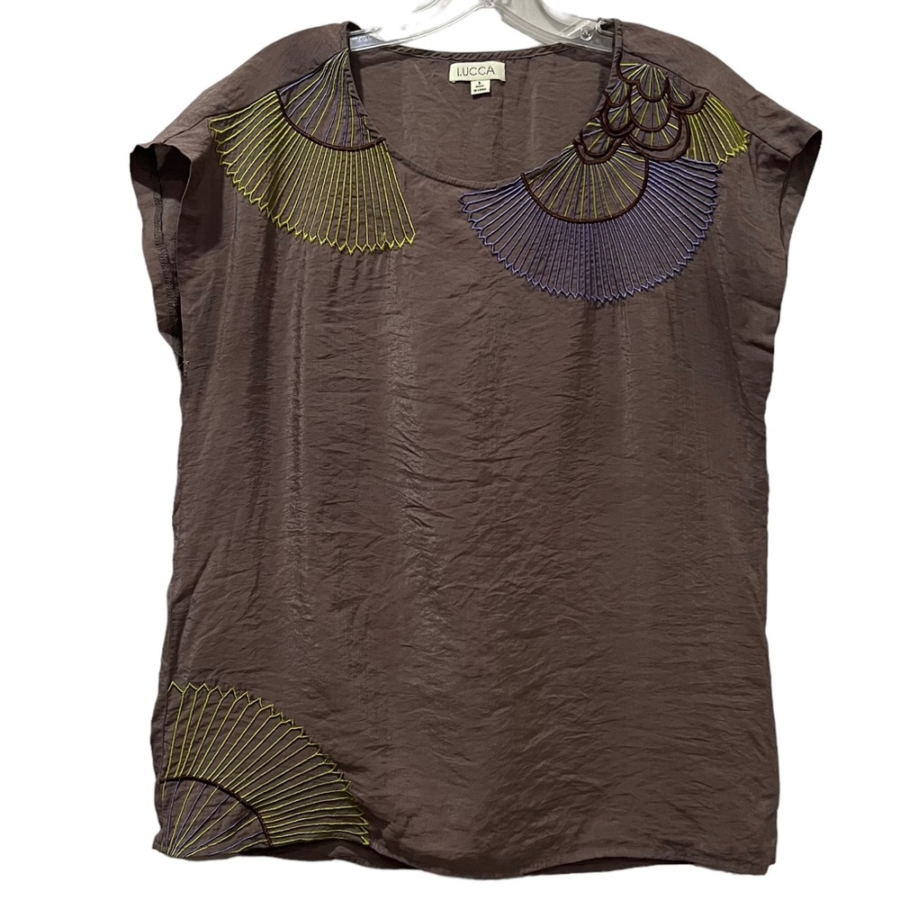 Lucca Large Brown Purple Embroidered Floral Brown Neutral Top Lightweight B